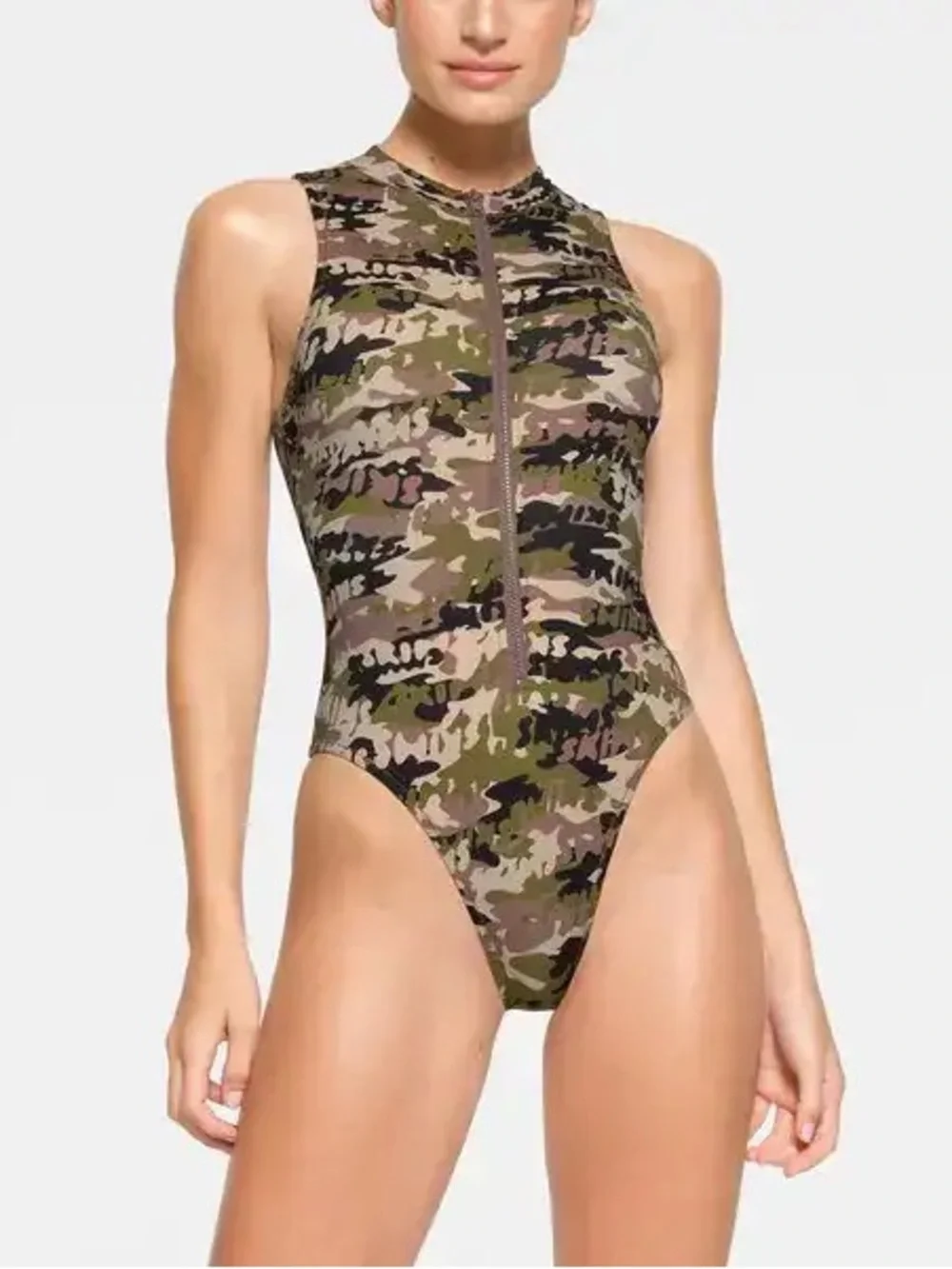SKIMS Camo Zip-Front One-Piece Swimsuit - Green Camo